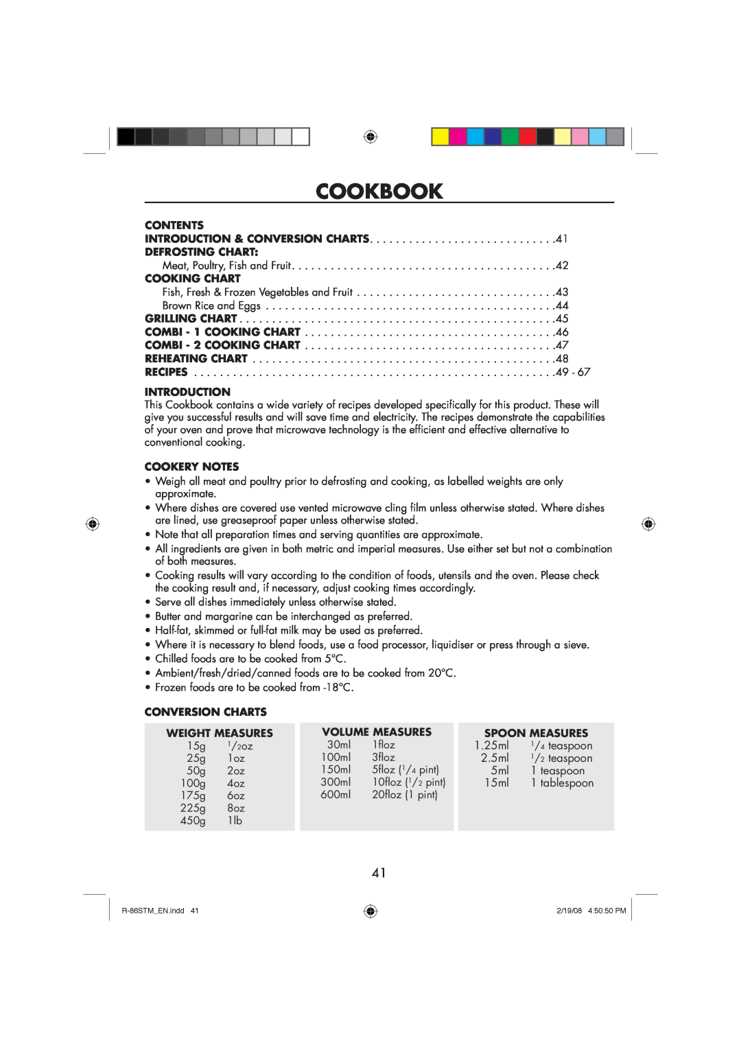 Sharp R-86STM manual Cookbook, Contents, Defrosting Chart, Cooking Chart, Introduction, Cookery Notes, Conversion Charts 
