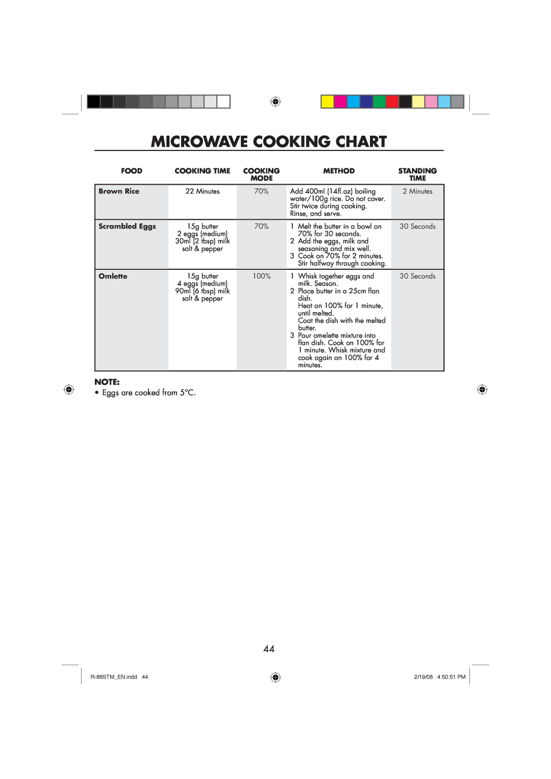 Sharp R-86STM manual Microwave Cooking Chart, Eggs are cooked from 5C 