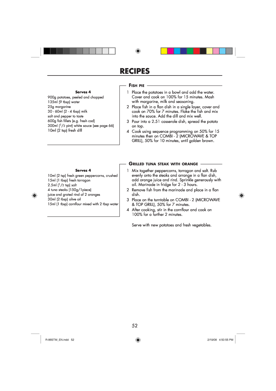 Sharp R-86STM manual Recipes, 10ml 2 tsp fresh dill 