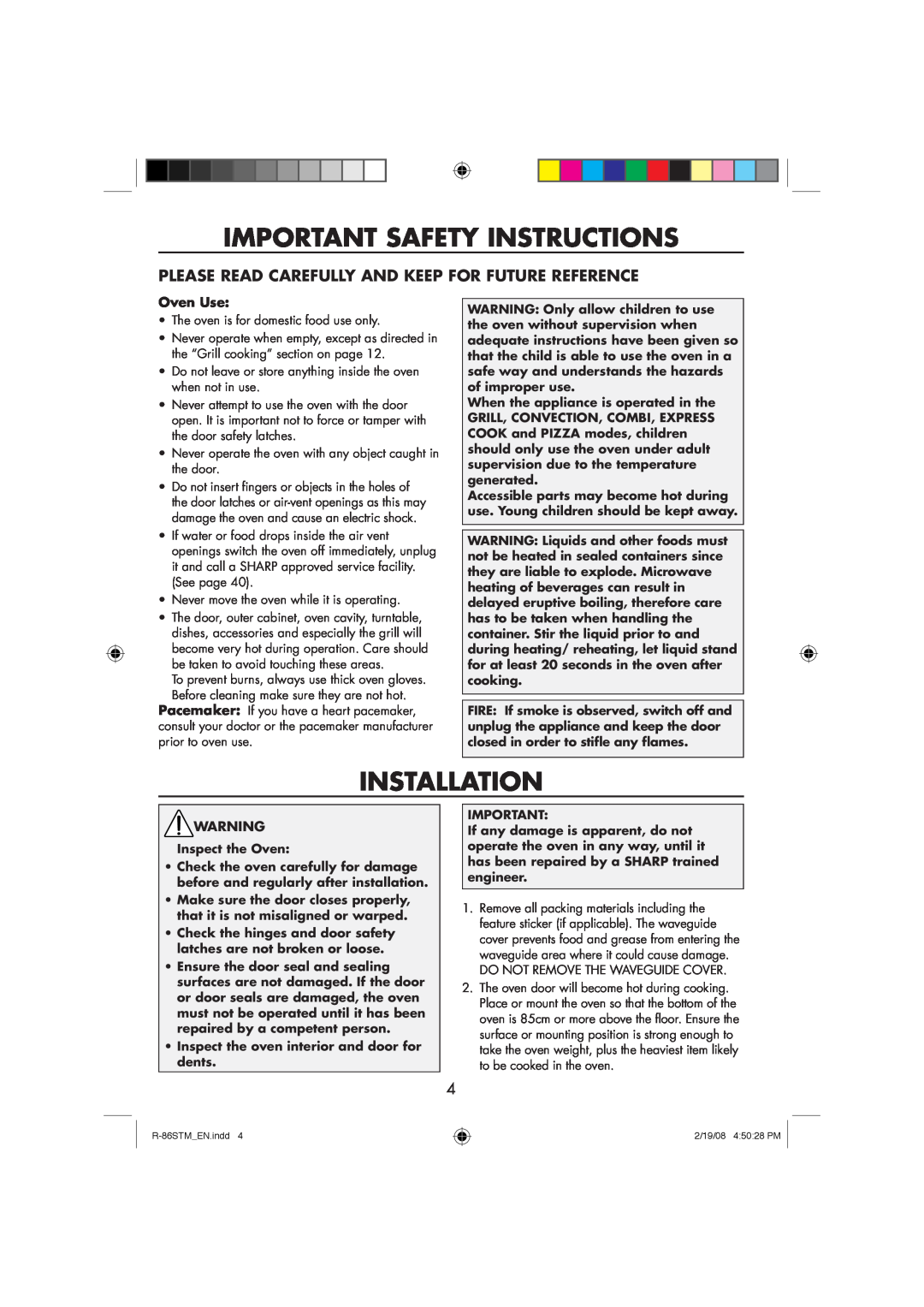 Sharp R-86STM Important Safety Instructions, Installation, Please Read Carefully And Keep For Future Reference, Oven Use 