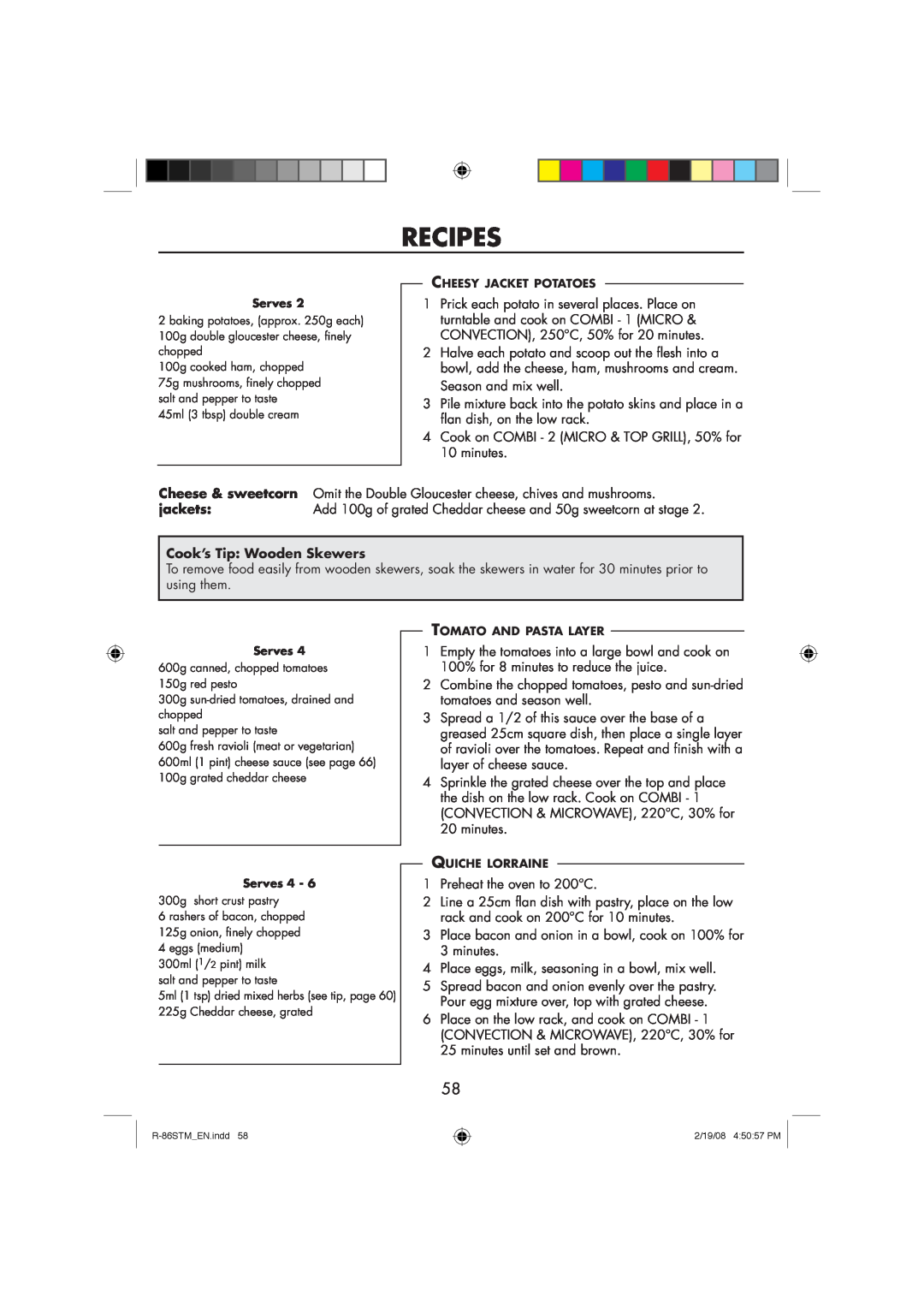 Sharp R-86STM manual Recipes, Cook’s Tip Wooden Skewers 