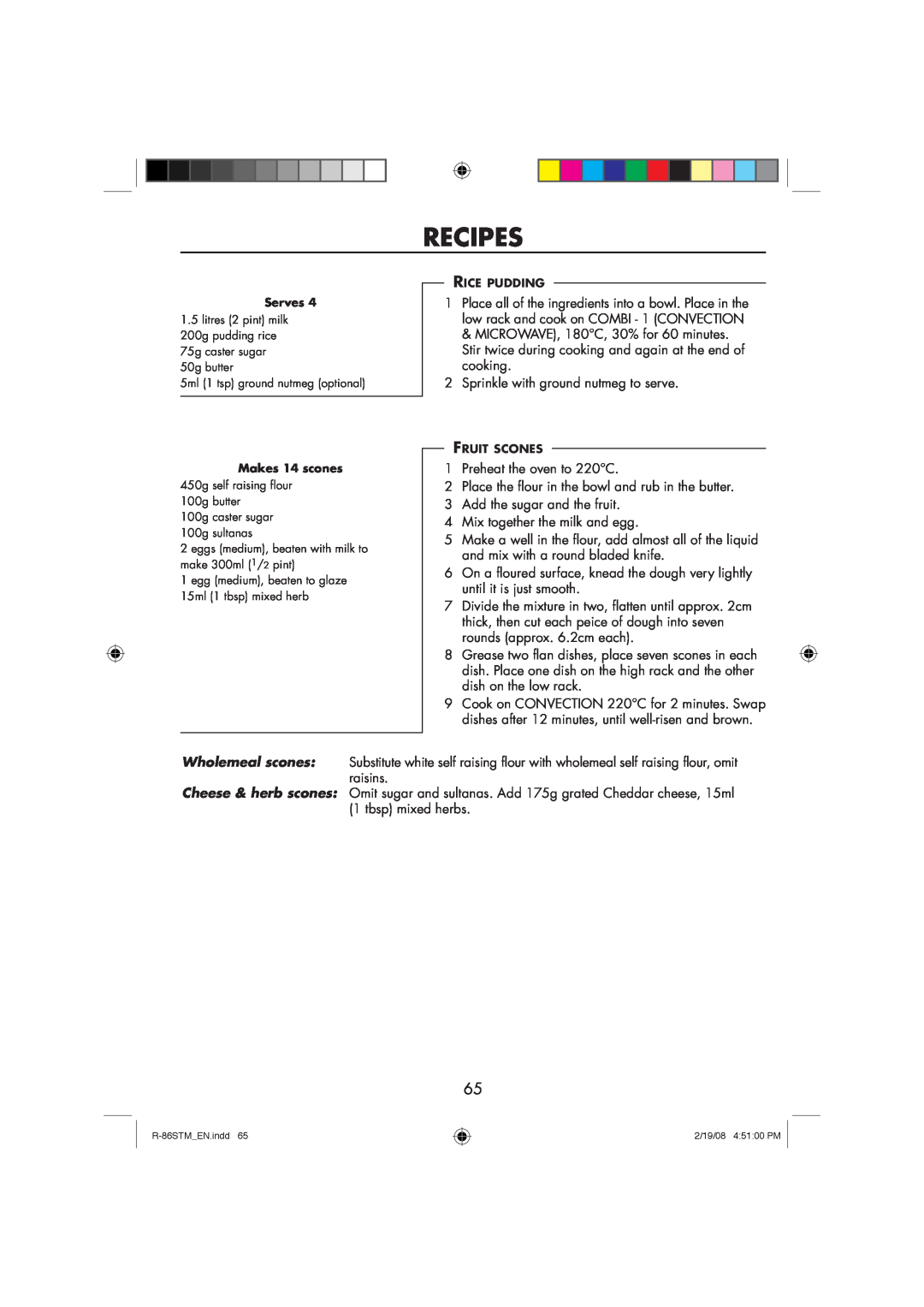 Sharp R-86STM manual Recipes, Wholemeal scones, Preheat the oven, egg medium, beaten to glaze 