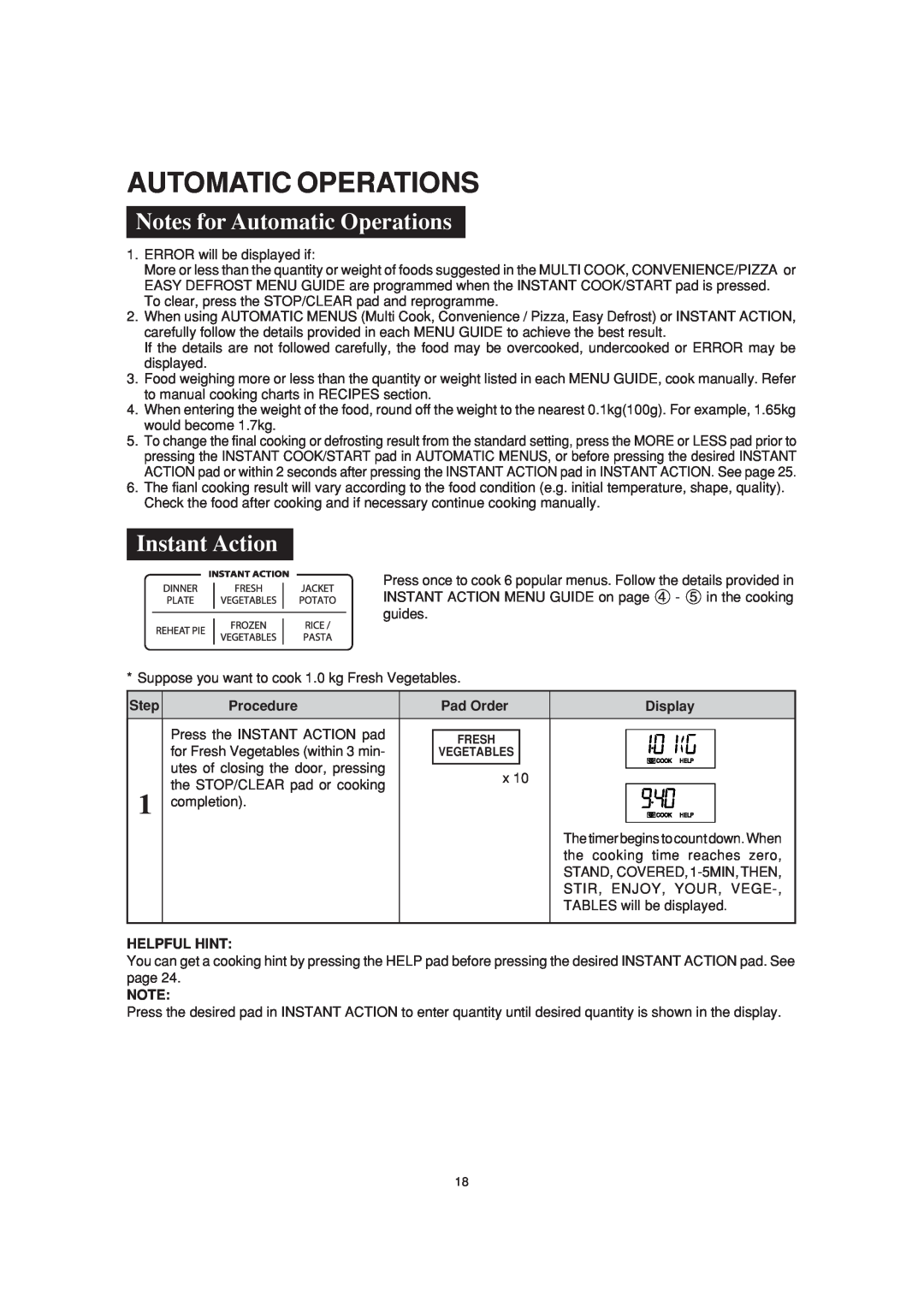 Sharp R-890N operation manual Notes for Automatic Operations, Instant Action 