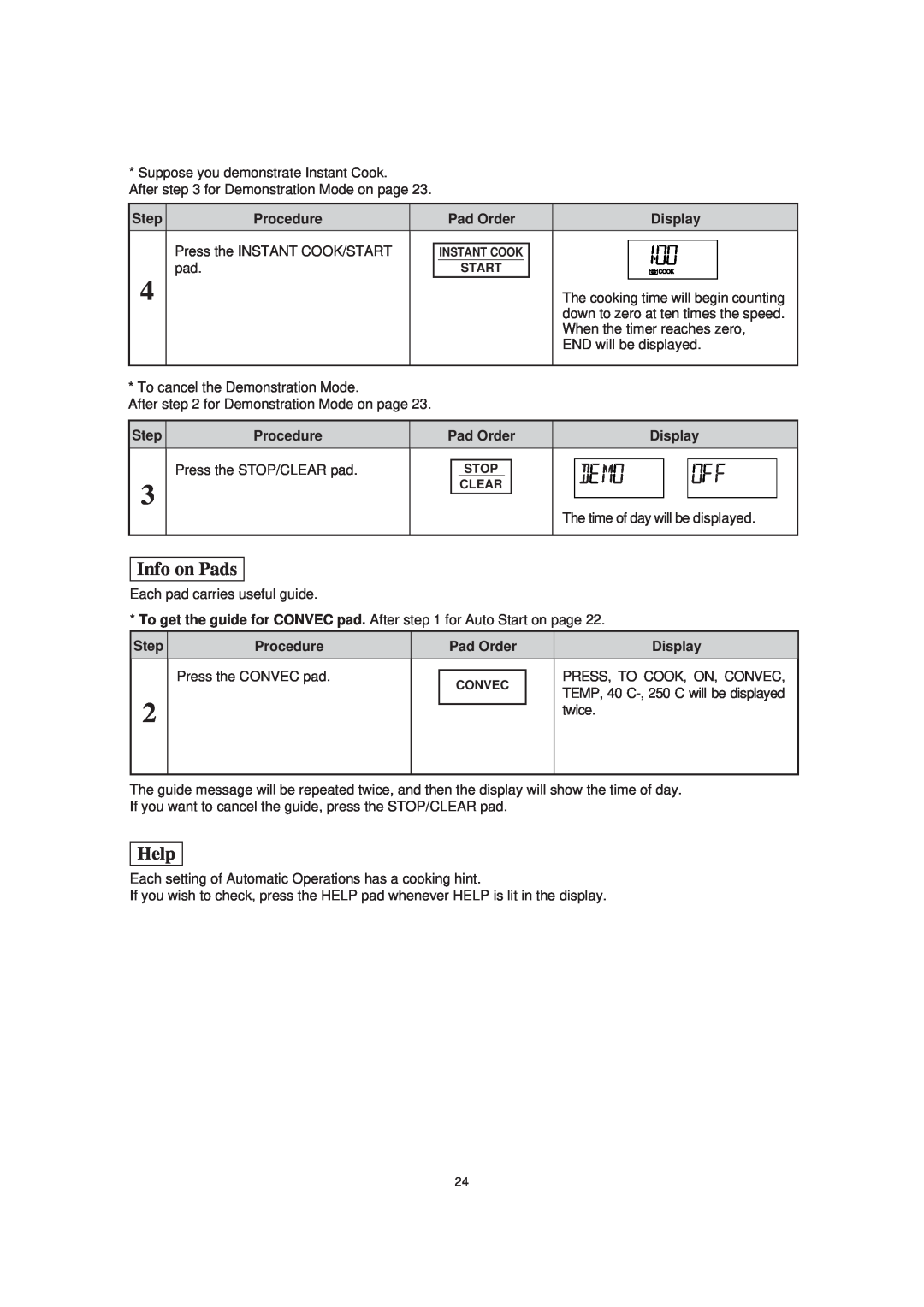 Sharp R-890N operation manual Info on Pads, Help, After for Demonstration Mode on page 