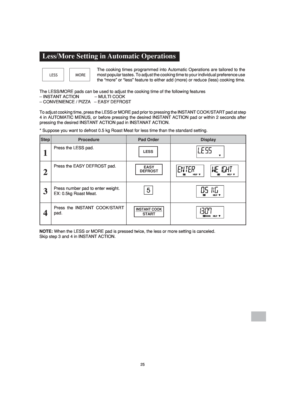 Sharp R-890N operation manual Less/More Setting in Automatic Operations 