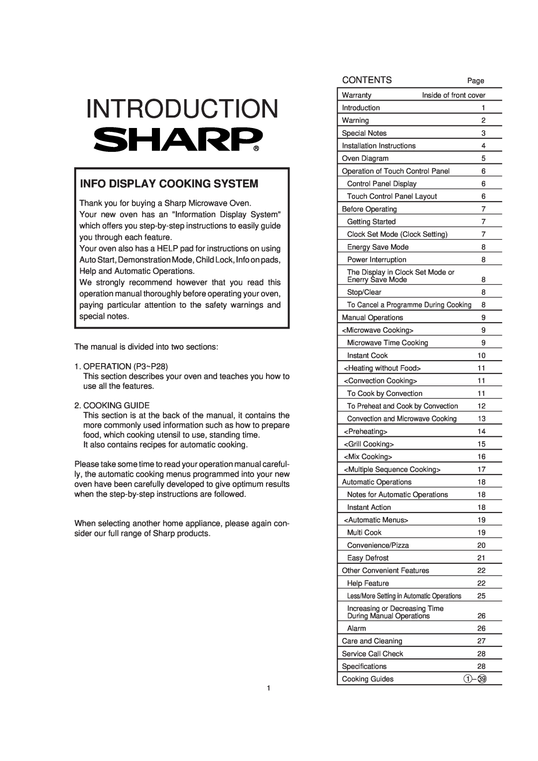 Sharp R-890N operation manual Info Display Cooking System, Contents, Introduction 