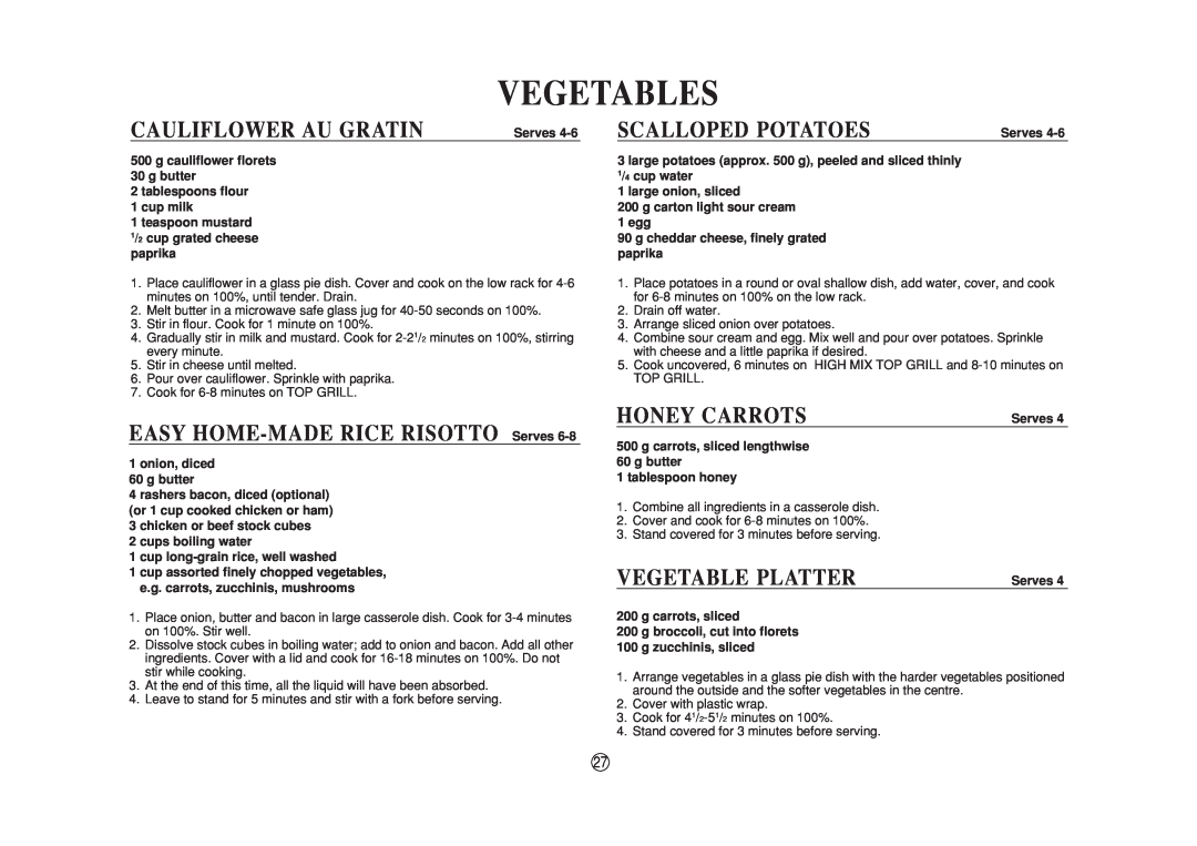 Sharp R-890N Vegetables, Cauliflower Au Gratin, EASY HOME-MADE RICE RISOTTO Serves, Scalloped Potatoes, Honey Carrots 