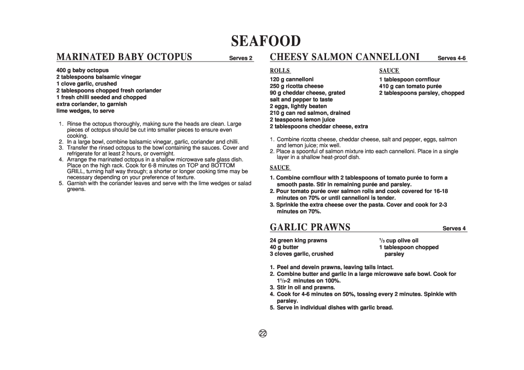 Sharp R-890N operation manual Seafood, Marinated Baby Octopus, Cheesy Salmon Cannelloni, Garlic Prawns, Rolls, Sauce 