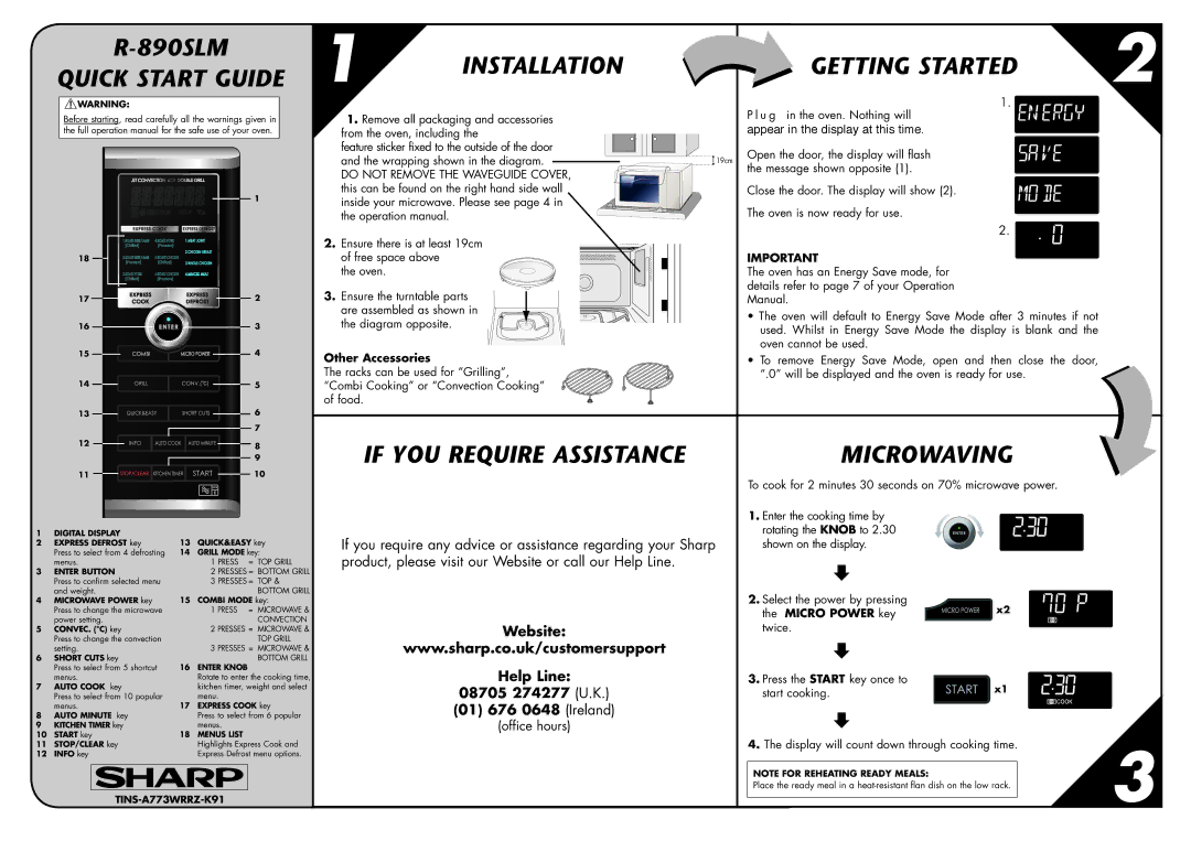 Sharp R-890SLM quick start Quick Start Guide Installation Getting Started, If YOU Require Assistance Microwaving 