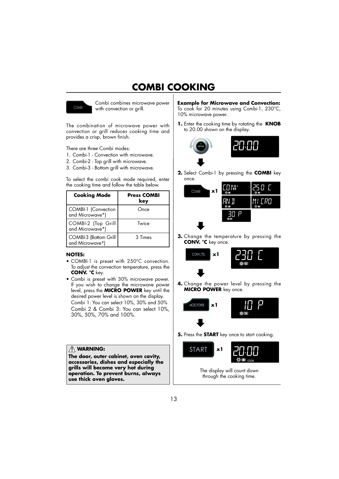 Sharp R-890SLM operation manual Combi Cooking, Cooking Mode Press Combi Key 