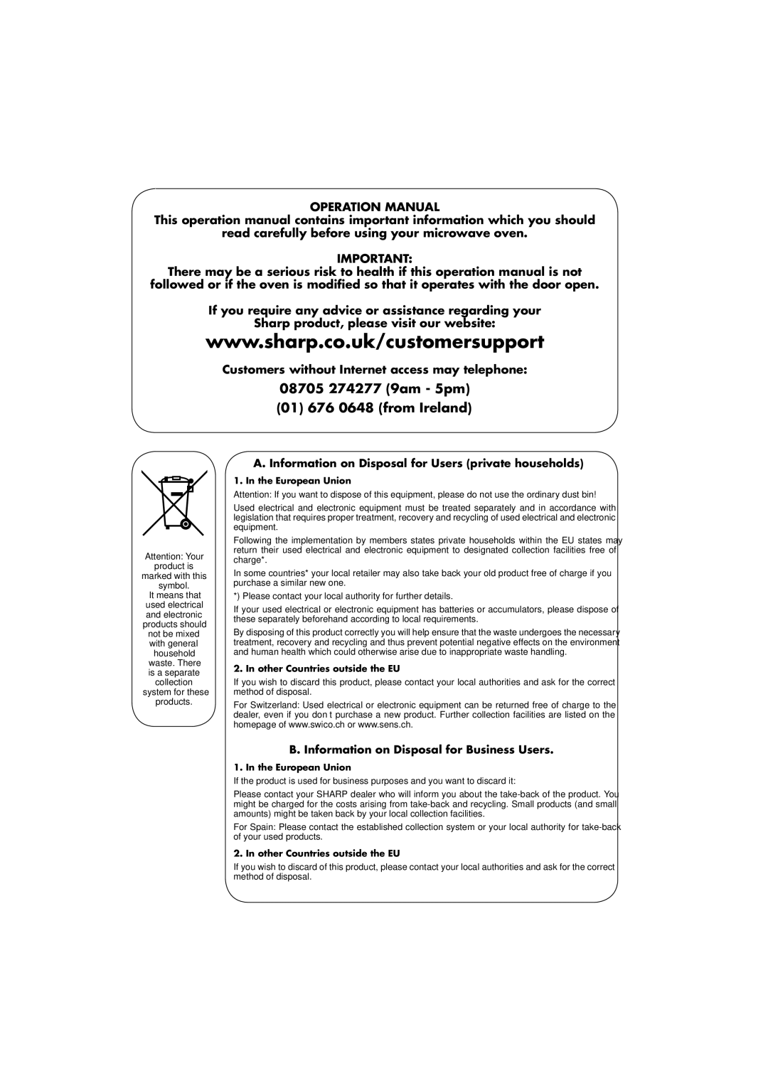 Sharp R-890SLM Information on Disposal for Users private households, Information on Disposal for Business Users 