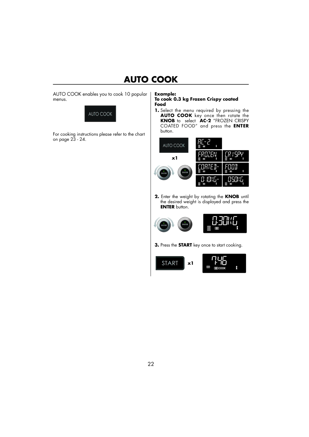 Sharp R-890SLM operation manual Auto Cook, Example To cook 0.3 kg Frozen Crispy coated Food 