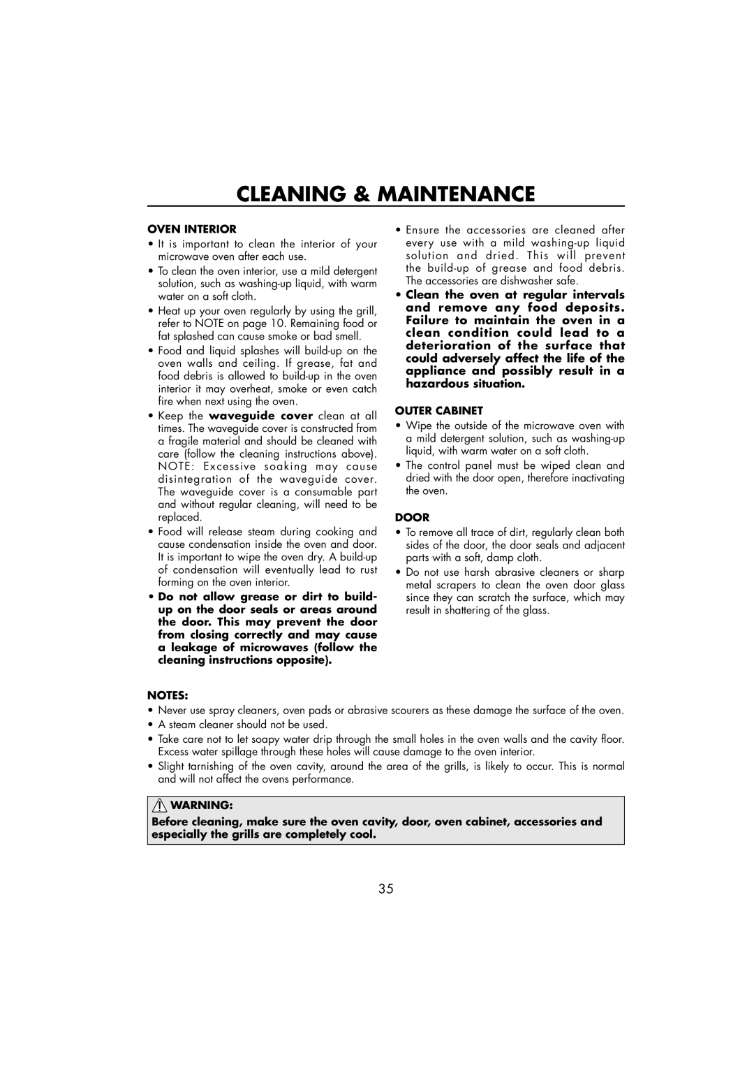 Sharp R-890SLM operation manual Cleaning & Maintenance, Oven Interior, Outer Cabinet, Door 