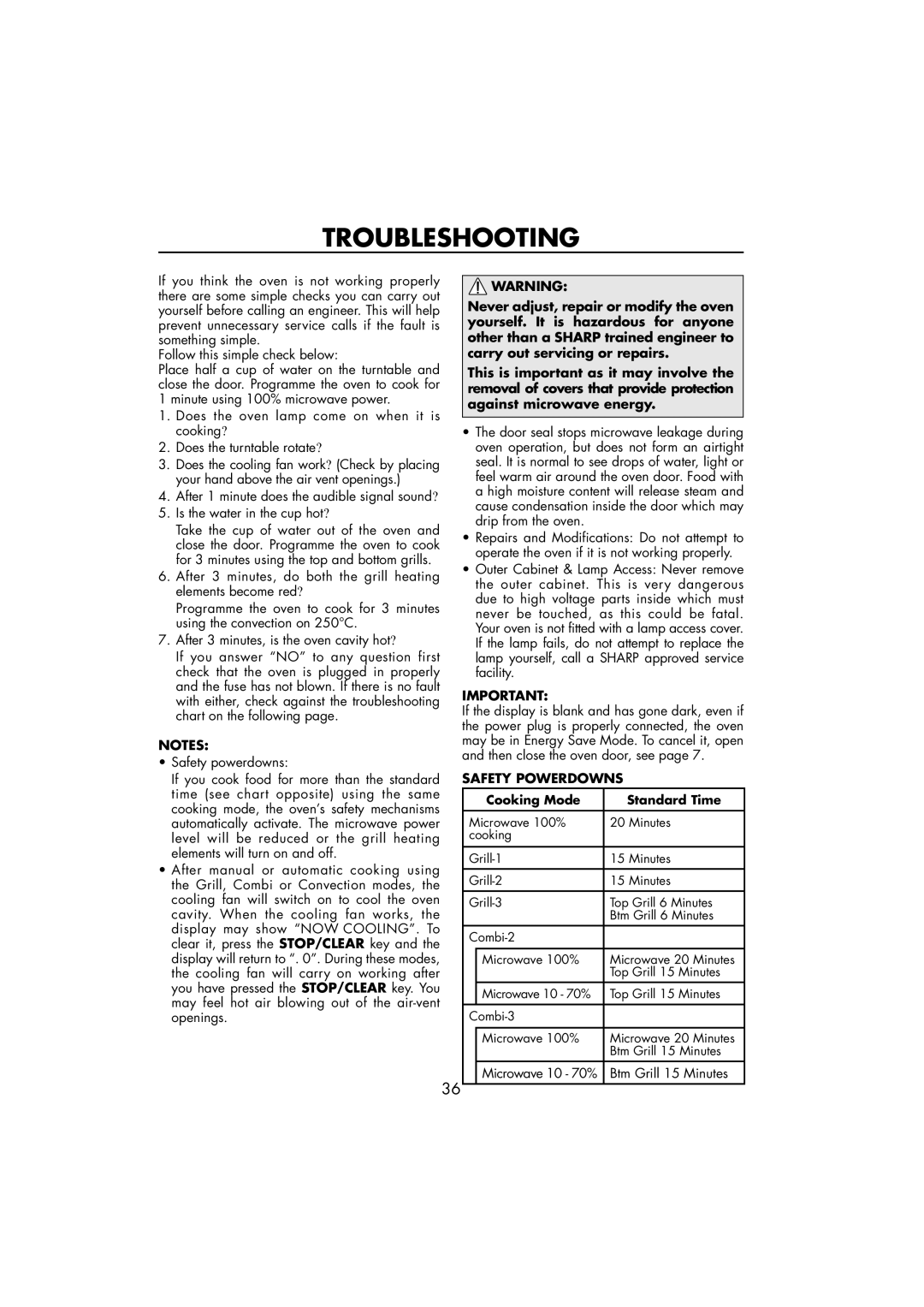 Sharp R-890SLM operation manual Troubleshooting, Safety Powerdowns, Cooking Mode Standard Time 