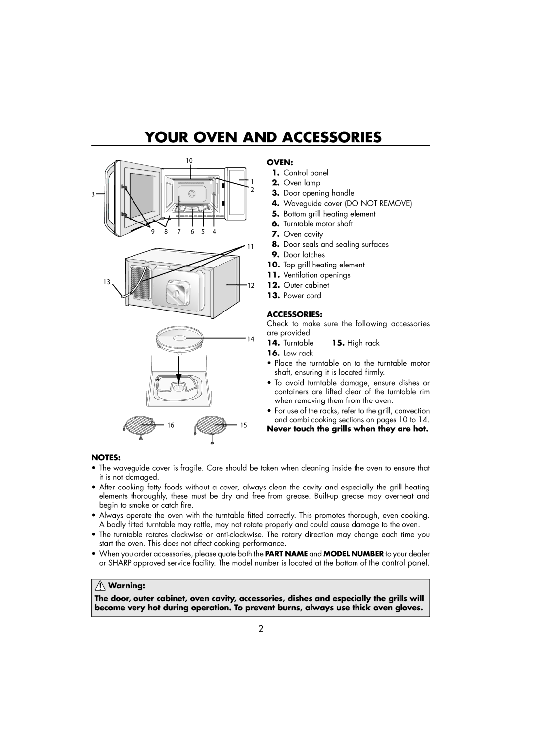 Sharp R-890SLM operation manual Your Oven and Accessories, Never touch the grills when they are hot 