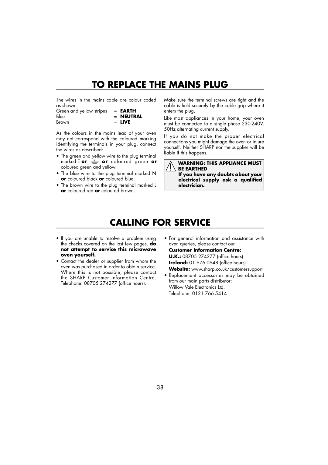 Sharp R-890SLM operation manual To Replace the Mains Plug, Calling for Service 