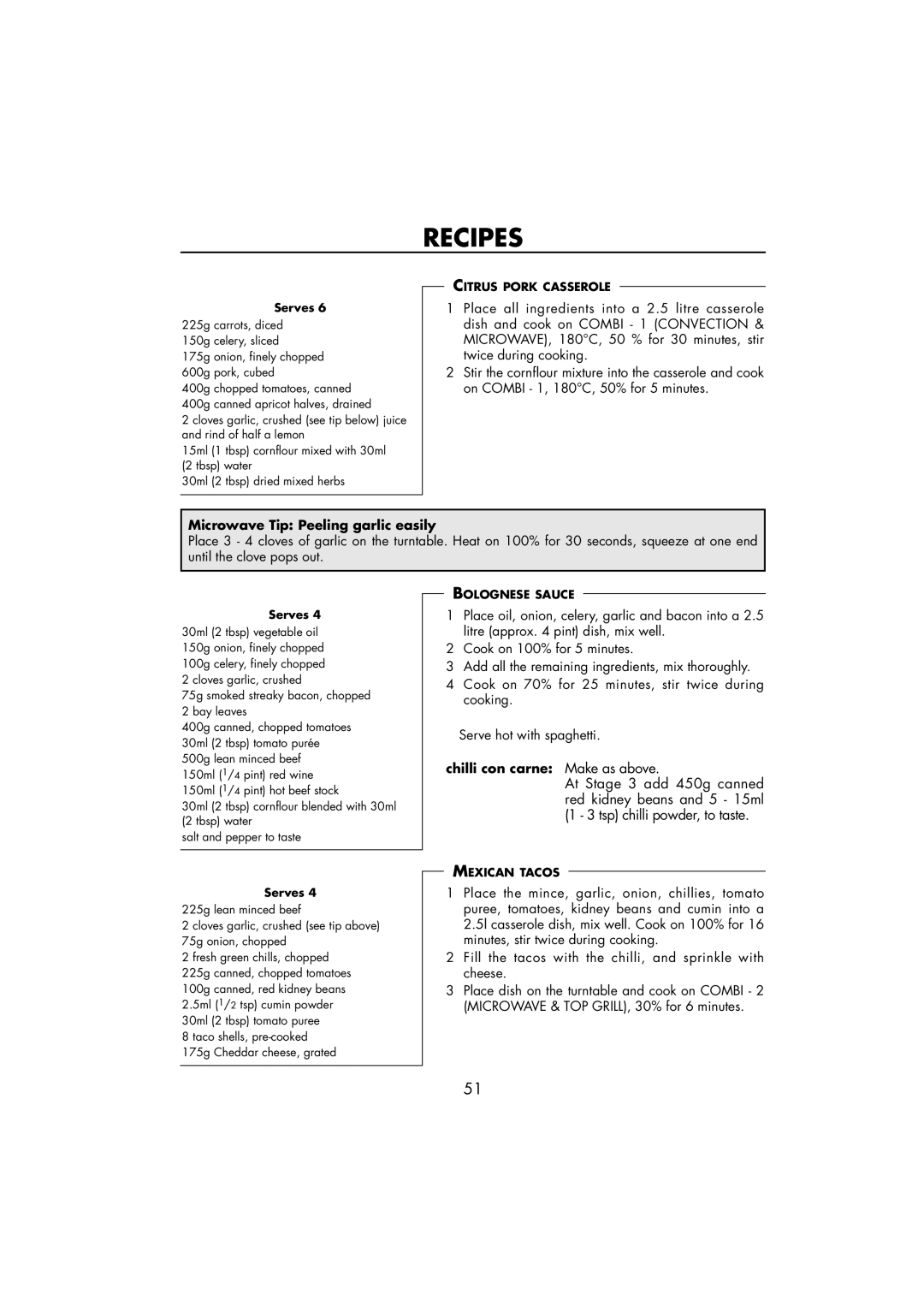 Sharp R-890SLM operation manual Microwave Tip Peeling garlic easily, Chilli con carne Make as above 