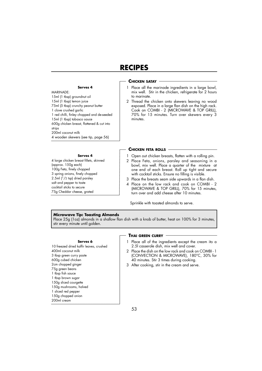 Sharp R-890SLM operation manual Microwave Tip Toasting Almonds, Marinade 