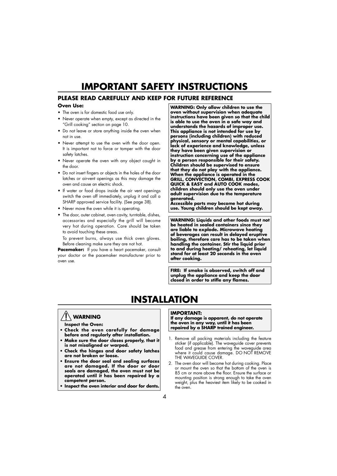 Sharp R-890SLM operation manual Important Safety Instructions, Installation, Oven Use 