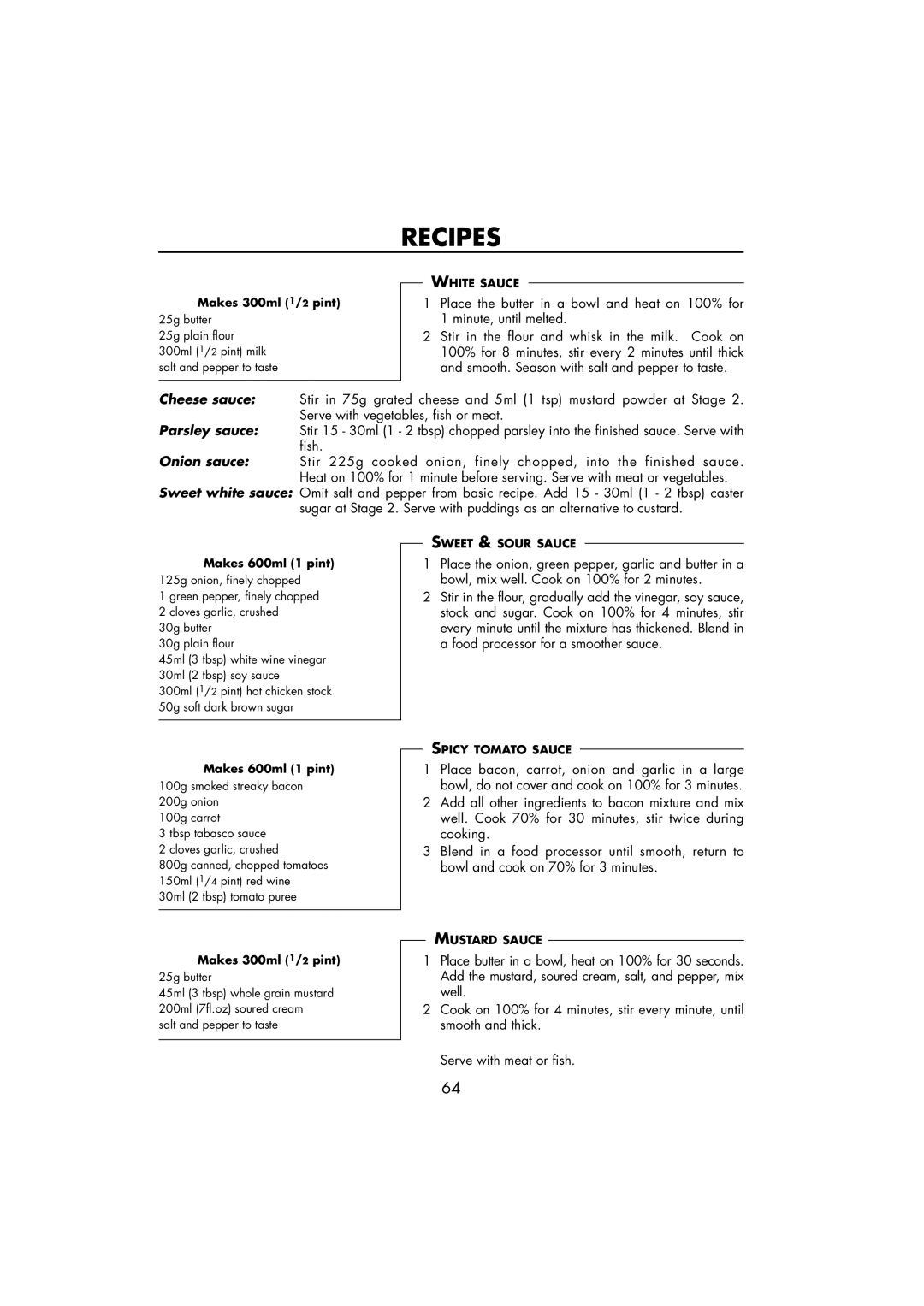 Sharp R-890SLM operation manual Makes 300ml 1/2 pint, Makes 600ml 1 pint 