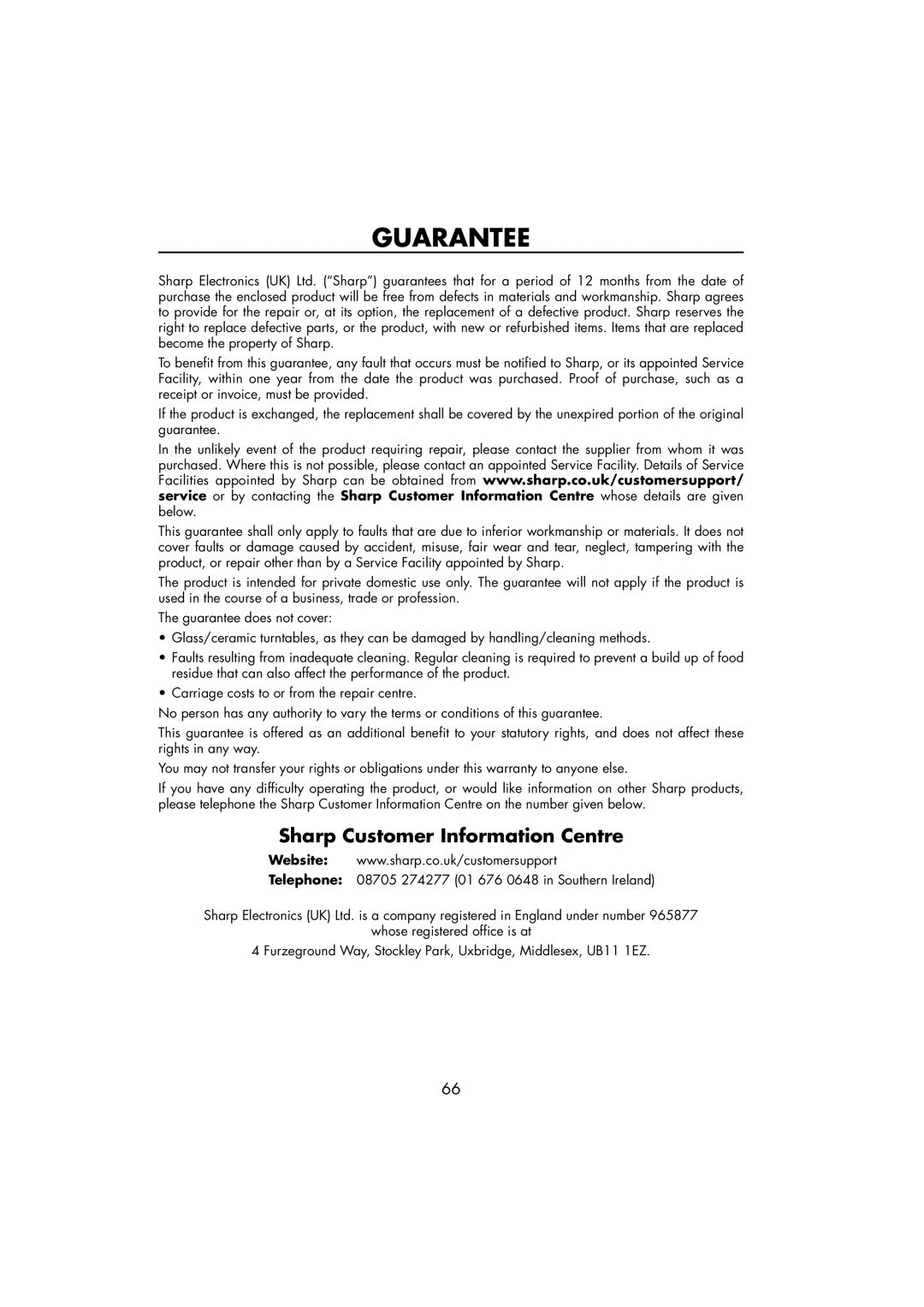 Sharp R-890SLM operation manual Guarantee, Sharp Customer Information Centre 