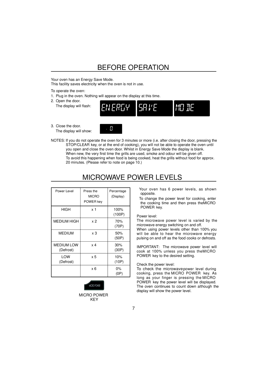 Sharp R-890SLM Before Operation, Microwave Power Levels, To operate the oven, Power level, Check the power level 