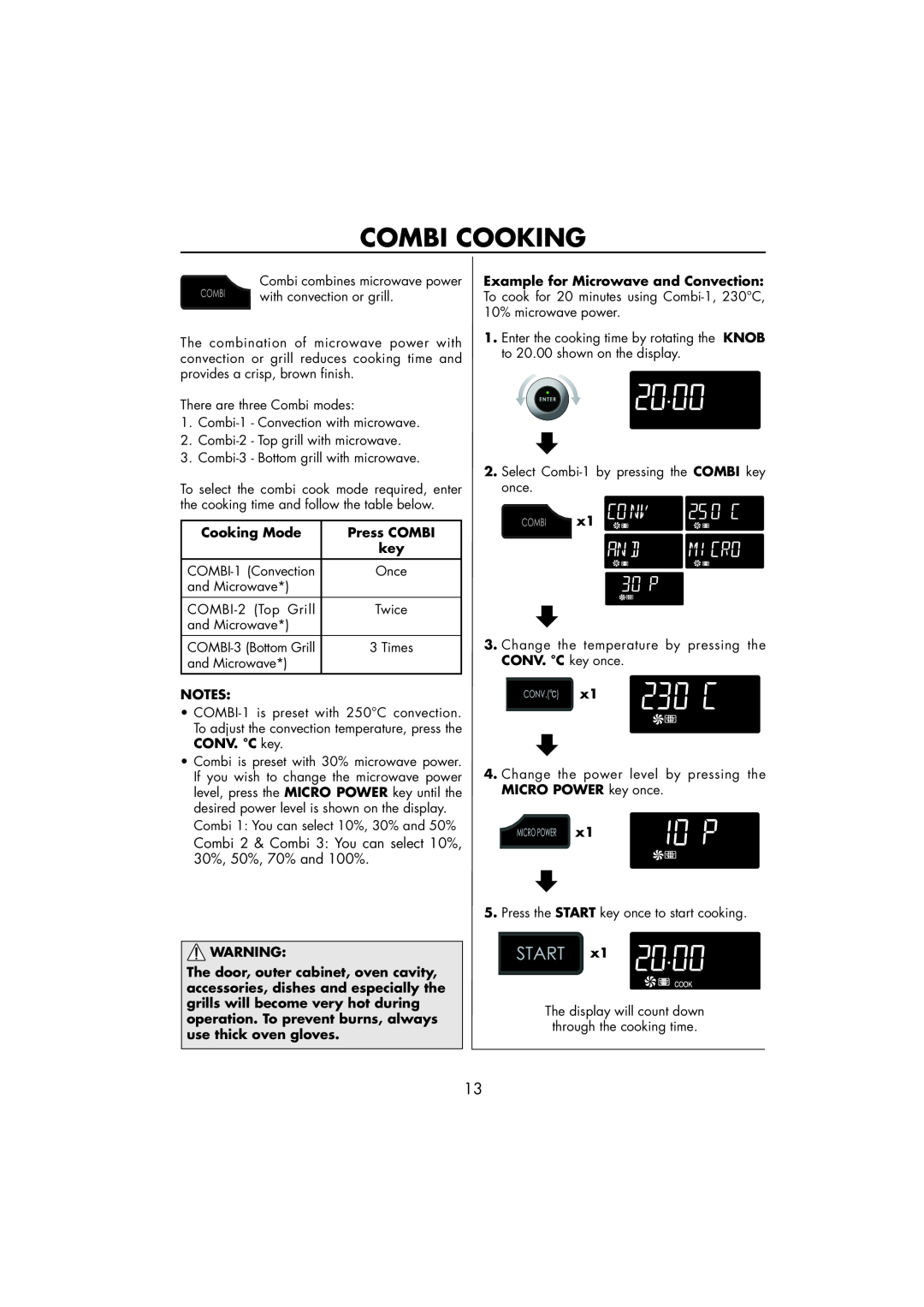 Sharp R-890SLM Combi Cooking, Combi 2 & Combi 3 You can select 10%, 30%, 50%, 70% and 100%, Cooking Mode, Press COMBI 