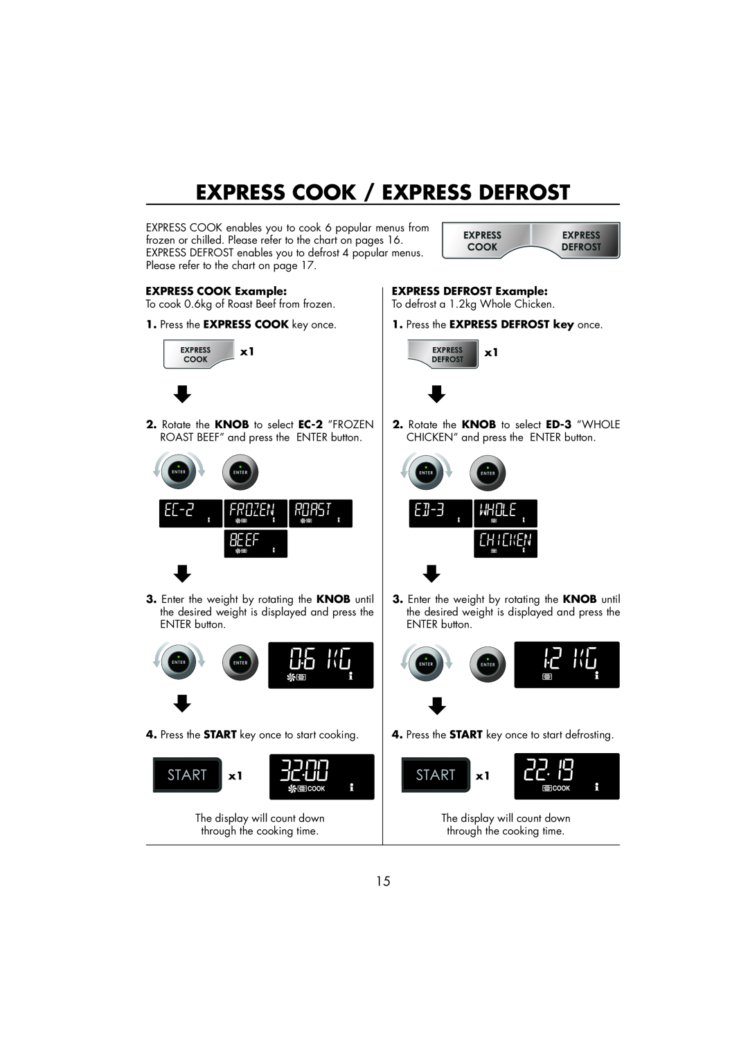 Sharp R-890SLM operation manual Express Cook / Express Defrost, EXPRESS COOK Example, EXPRESS DEFROST Example 