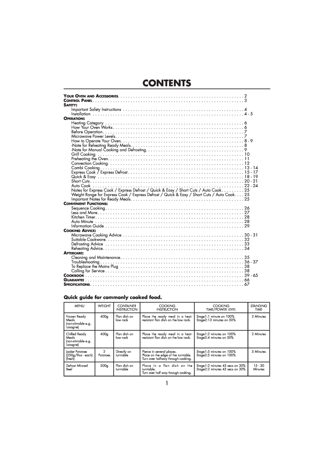 Sharp R-890SLM operation manual Contents, Quick guide for commonly cooked food 