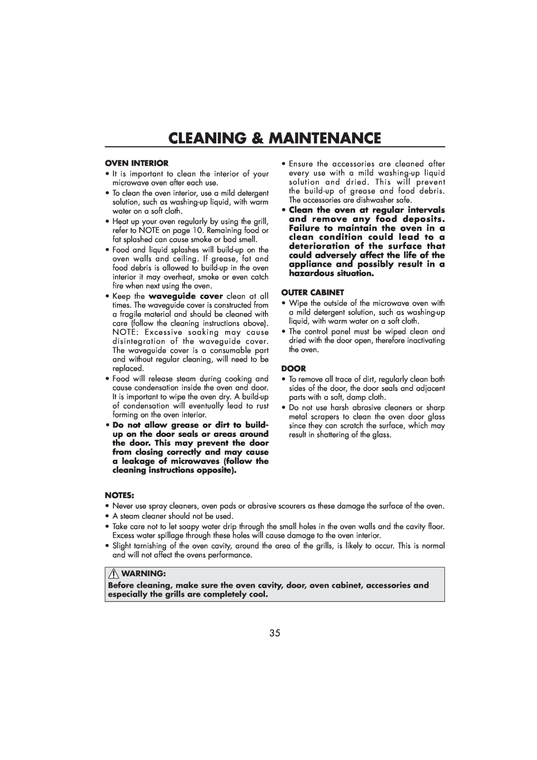 Sharp R-890SLM operation manual Cleaning & Maintenance, Oven Interior, Outer Cabinet, Door 