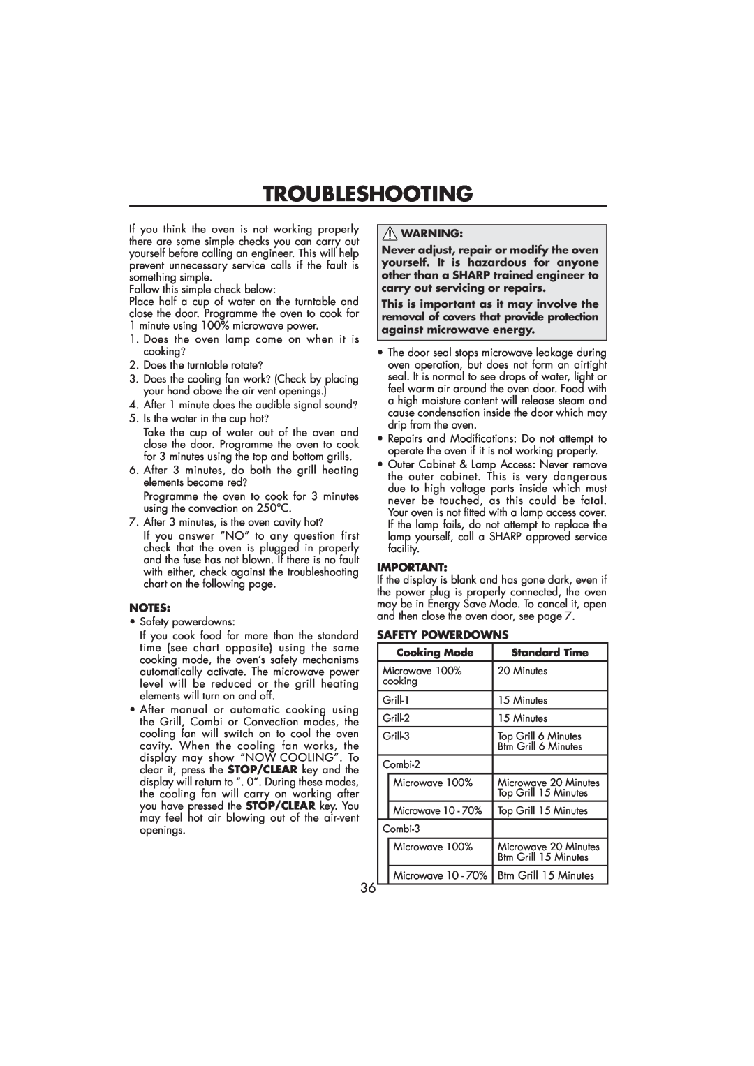 Sharp R-890SLM operation manual Troubleshooting, Safety Powerdowns, Cooking Mode, Standard Time 