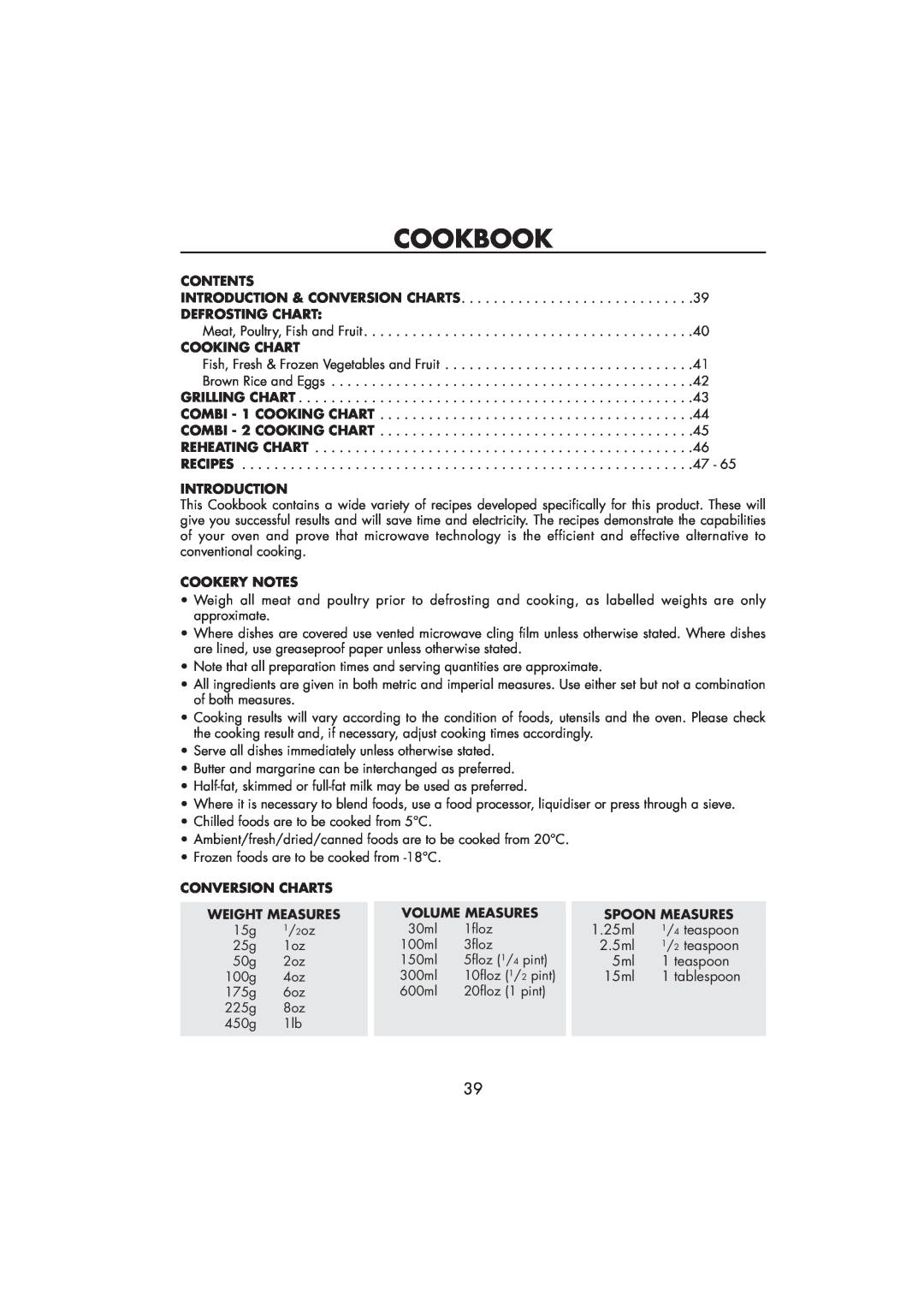 Sharp R-890SLM Cookbook, Contents, Defrosting Chart, Cooking Chart, Introduction, Cookery Notes, Conversion Charts 