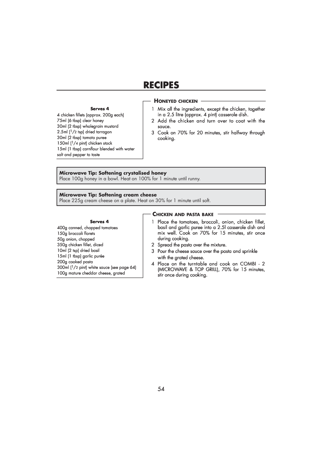 Sharp R-890SLM operation manual Recipes, Microwave Tip Softening crystalised honey, Microwave Tip Softening cream cheese 