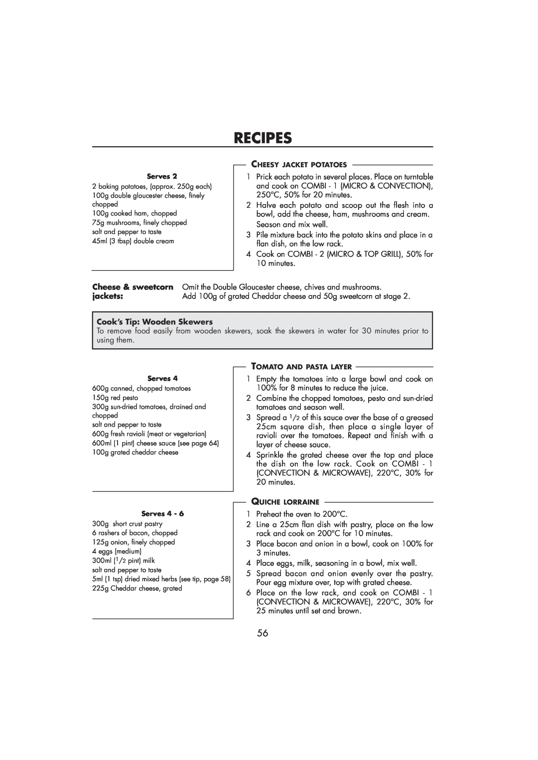 Sharp R-890SLM operation manual Recipes, Cook’s Tip Wooden Skewers 