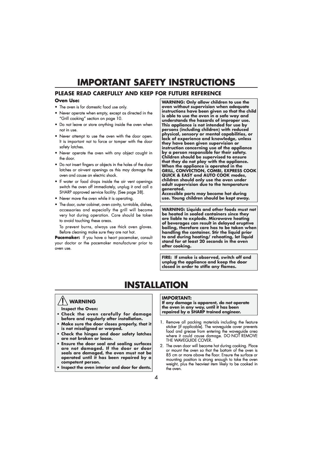 Sharp R-890SLM Important Safety Instructions, Installation, Please Read Carefully And Keep For Future Reference, Oven Use 