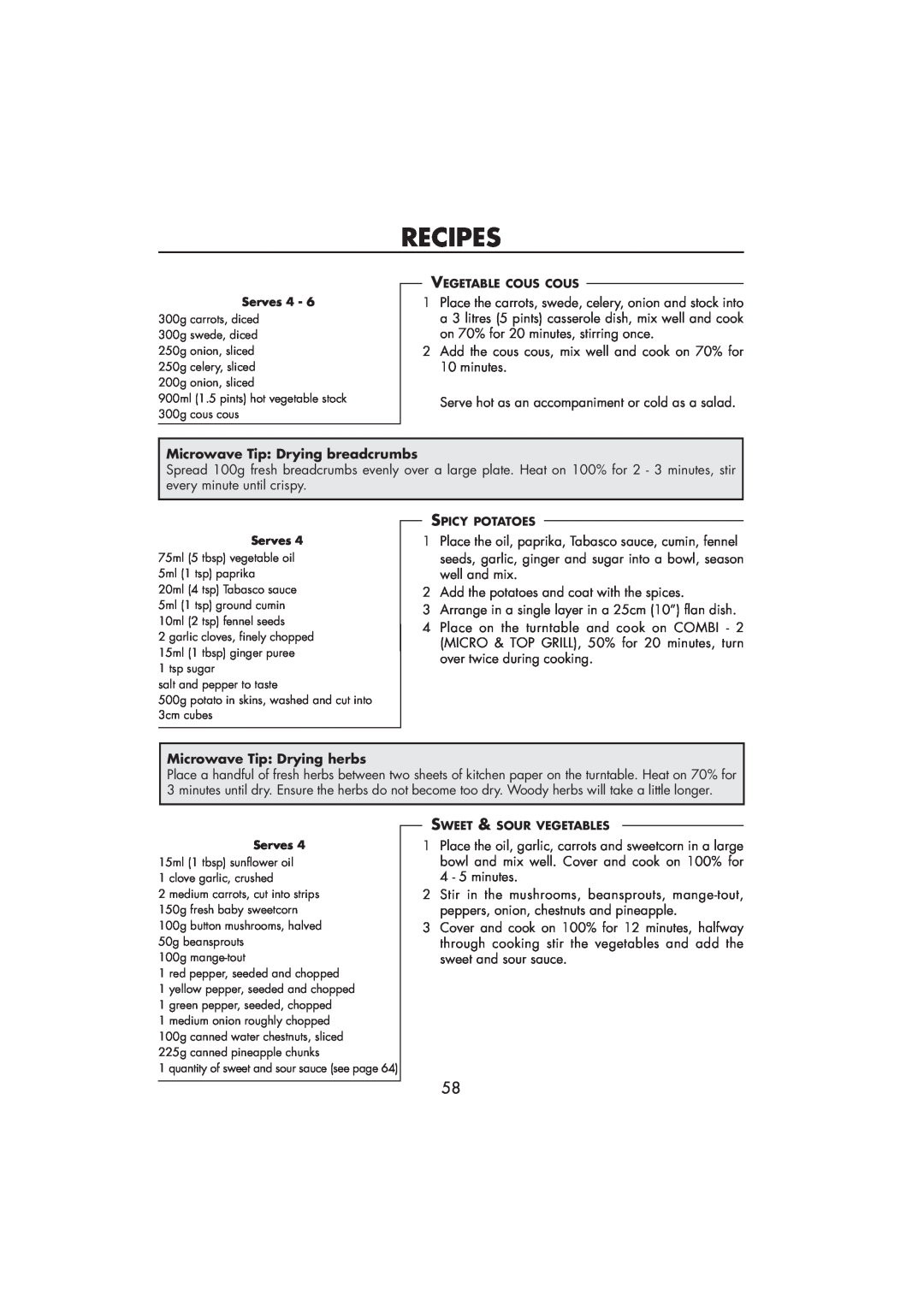 Sharp R-890SLM operation manual Recipes, Microwave Tip Drying breadcrumbs, Microwave Tip Drying herbs 