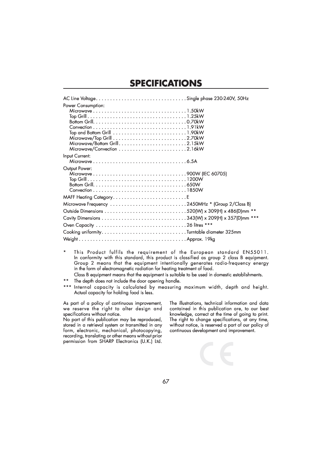 Sharp R-890SLM operation manual Specifications 