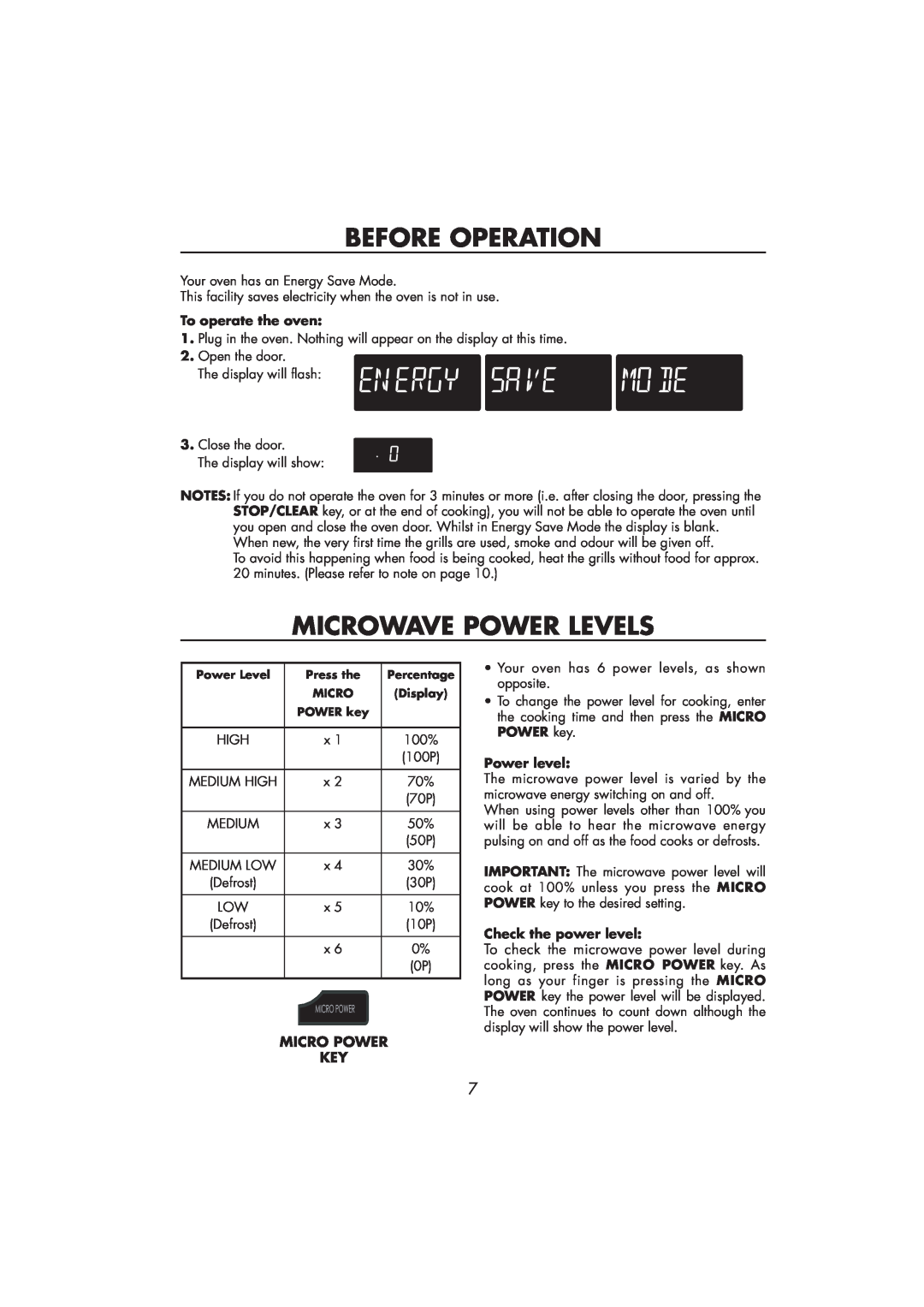 Sharp R-890SLM operation manual Before Operation, Microwave Power Levels, Micro Power Key, To operate the oven, Power level 