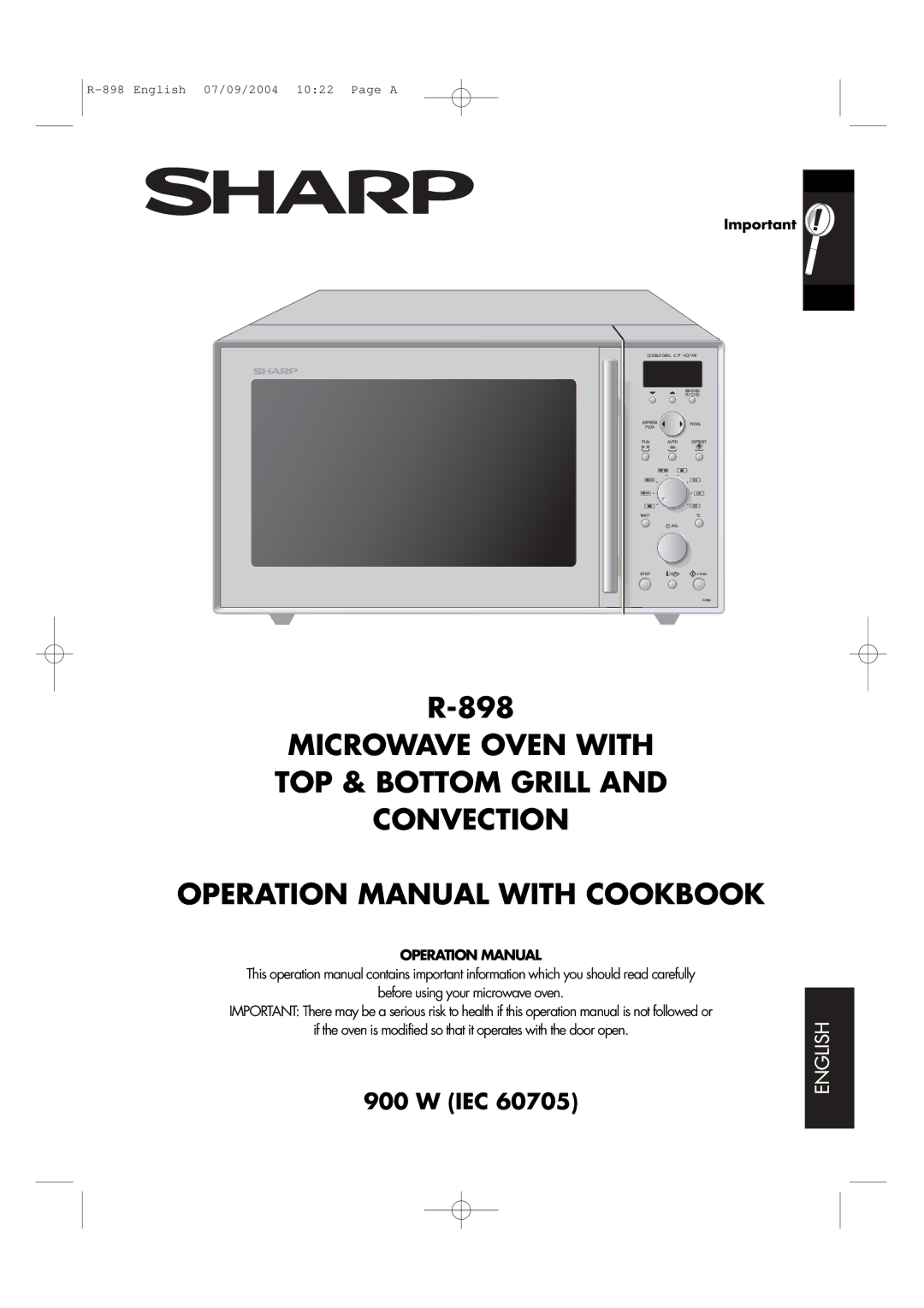 Sharp R-898 operation manual Microwave Oven with TOP & Bottom Grill Convection 