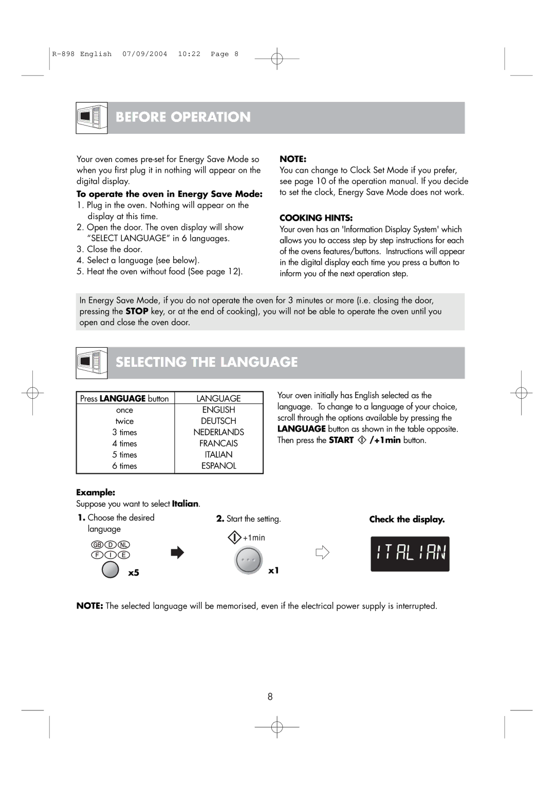 Sharp R-898 operation manual Before Operation, Selecting the Language, Cooking Hints 