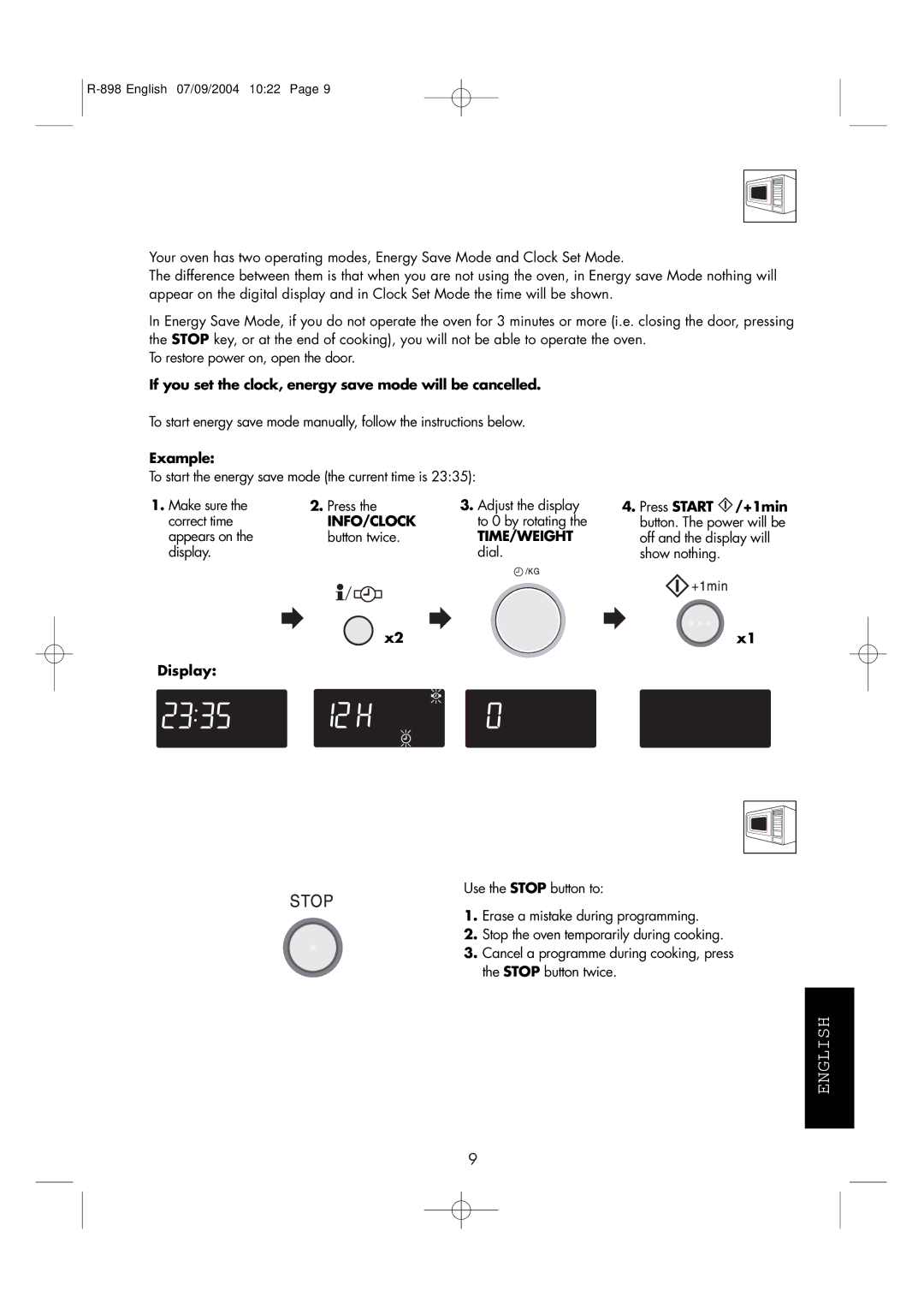 Sharp R-898 Energy Save Mode, Using the Stop Button, If you set the clock, energy save mode will be cancelled, Info/Clock 