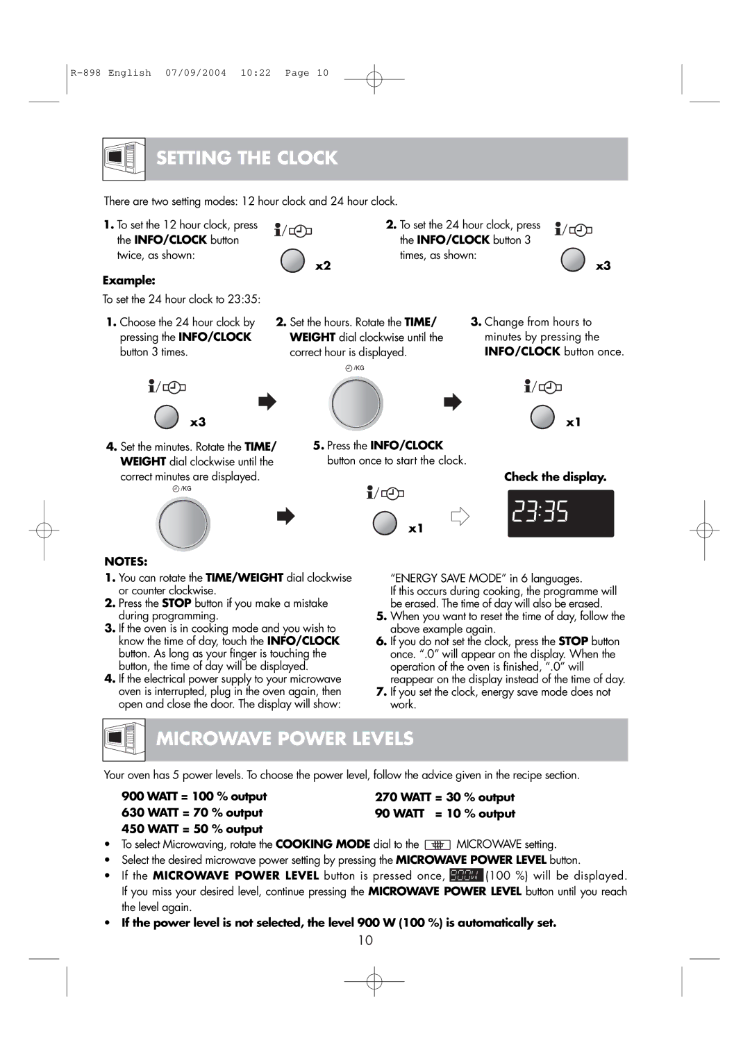 Sharp R-898 operation manual Setting the Clock, Microwave Power Levels 