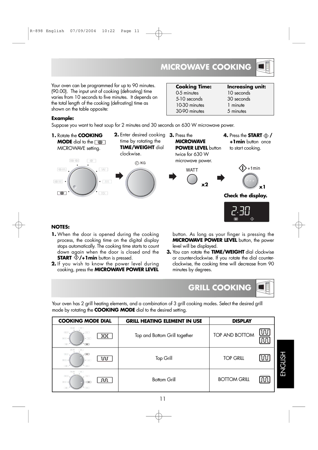 Sharp R-898 operation manual Microwave Cooking, Grill Cooking, Example Cooking Time Increasing unit 