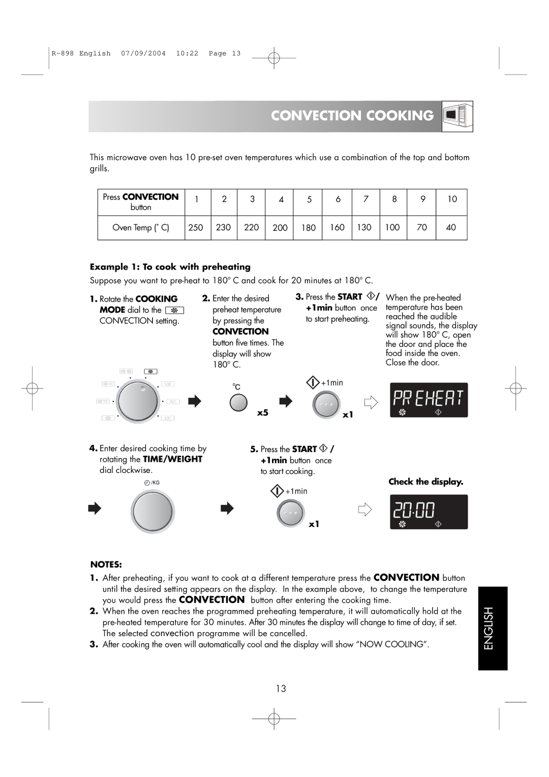 Sharp R-898 operation manual Convection Cooking, Press Convection, Example 1 To cook with preheating 