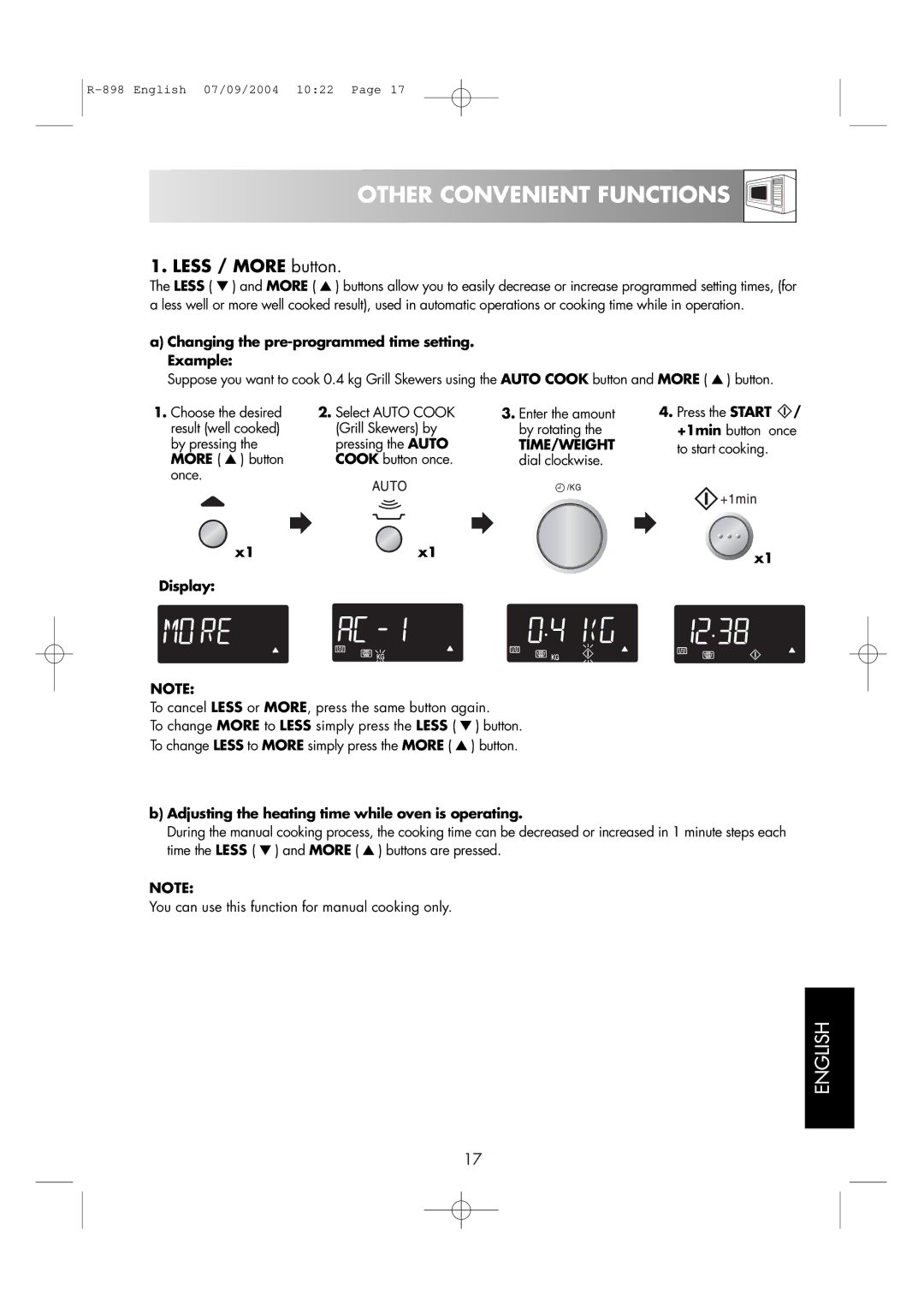 Sharp R-898 operation manual Other Convenient Functions, Changing the pre-programmed time setting. Example, Display 