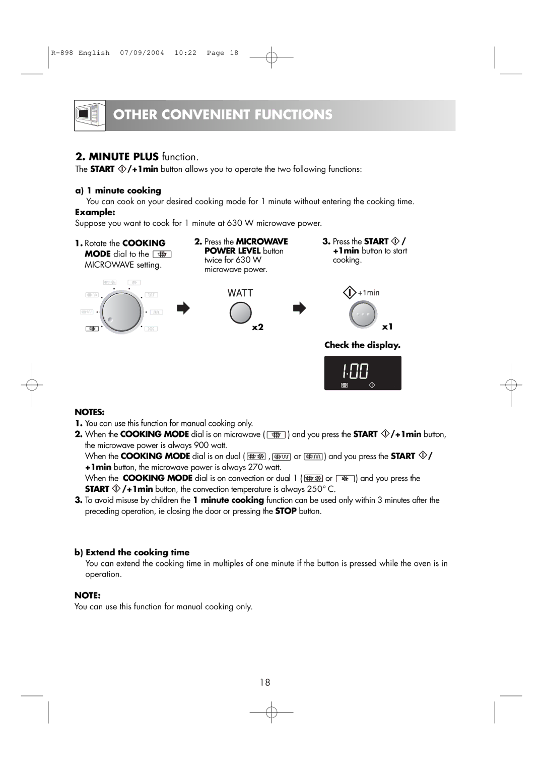 Sharp R-898 operation manual Minute cooking, Press the Start / +1min button to start cooking, Extend the cooking time 