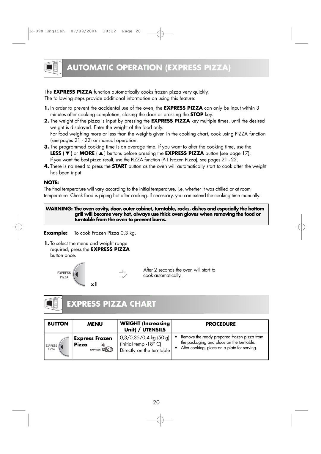 Sharp R-898 operation manual Automatic Operation Express Pizza, Express Pizza Chart, Button Menu, Procedure 