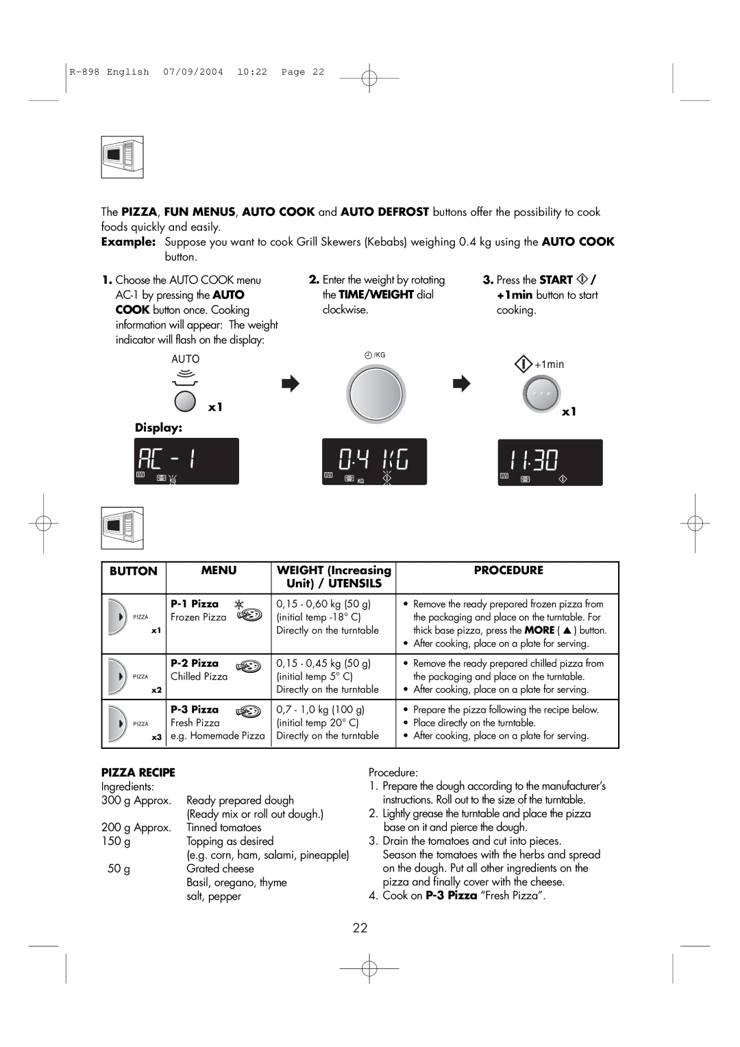 Sharp R-898 operation manual Pizza Chart, Unit / Utensils, Pizza Recipe, Cook on P-3 Pizza Fresh Pizza 