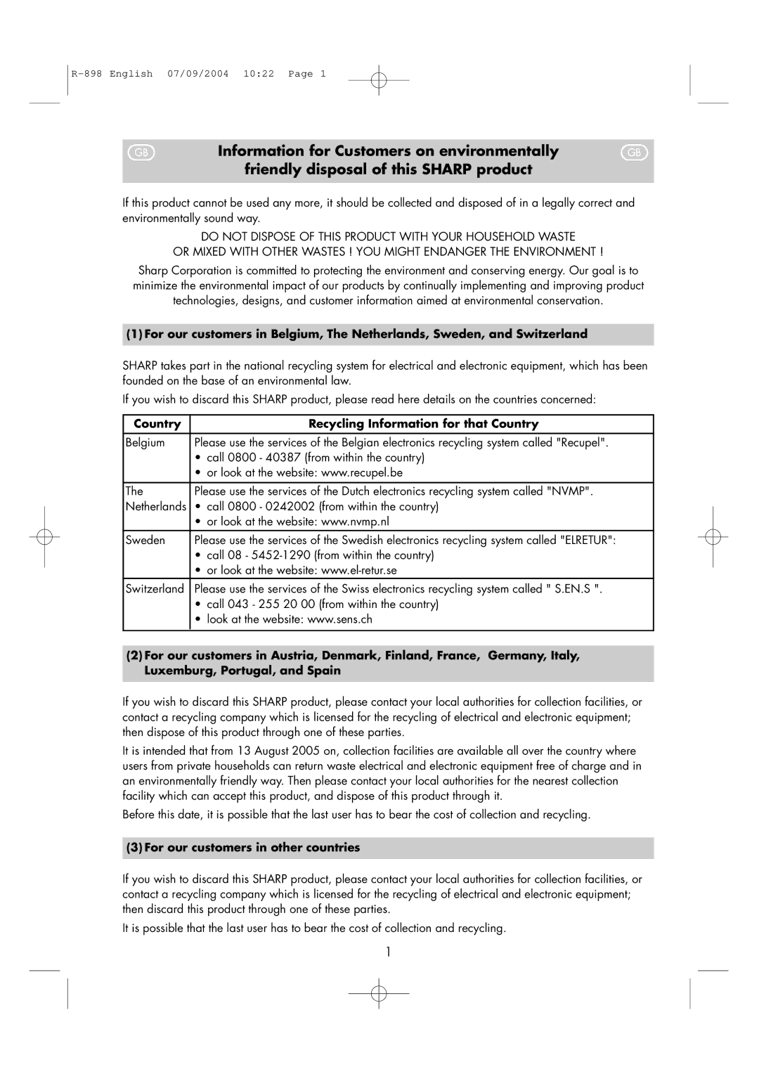 Sharp R-898 operation manual Country Recycling Information for that Country, For our customers in other countries 