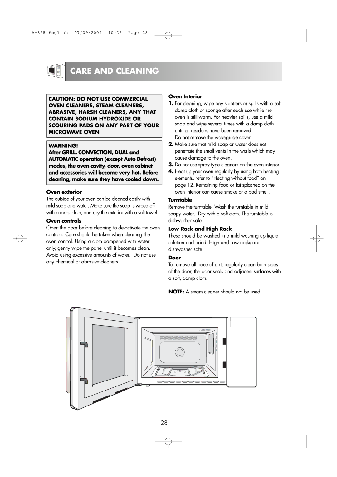 Sharp R-898 operation manual Care and Cleaning, Oven controls, Oven Interior, Low Rack and High Rack, Door 